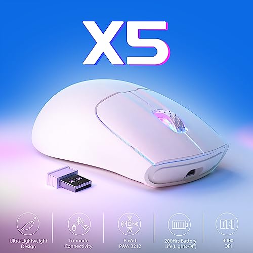 ATTACK SHARK X5 Ultra-leichte kabellose Gaming-Mäuse 49g,Tri-Mode Kabelgebunden/2.4G/BT5.0,PAW3312 PixArt Optischer Sensor,bis zu 4000DPI,RGB mit Langer Batterielebensdauer für Büro/Spiel-Weiß Bild 2
