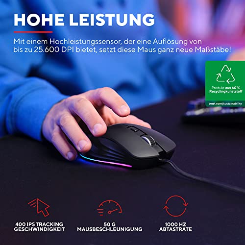 Trust Gaming GXT 924 Ybar+ Kabelgebundene Gaming Maus, 25600 DPI, 60% Recycelten Materialien, 6 Programmierbare Tasten, 25K Optischem Sensor, RGB LED-Beleuchtung, PC Maus mit Software - Schwarz Bild 2