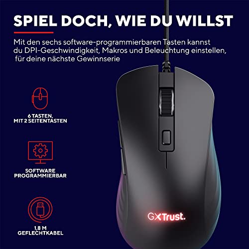 Trust Gaming GXT 924 Ybar+ Kabelgebundene Gaming Maus, 25600 DPI, 60% Recycelten Materialien, 6 Programmierbare Tasten, 25K Optischem Sensor, RGB LED-Beleuchtung, PC Maus mit Software - Schwarz Bild 6