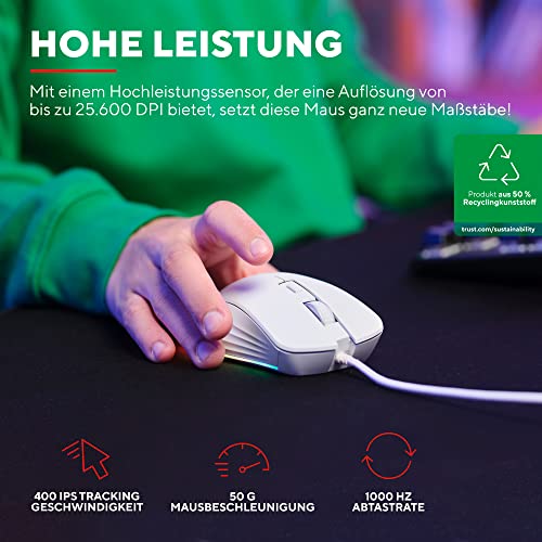 Trust Gaming GXT 924W Ybar+ Kabelgebundene Gaming Maus, 25600 DPI, 50% Recycelten Materialien, 6 Programmierbare Tasten, 25K Optischem Sensor, RGB LED-Beleuchtung, PC Maus mit Software - Weiß Bild 2