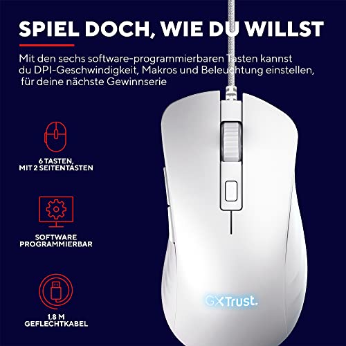 Trust Gaming GXT 924W Ybar+ Kabelgebundene Gaming Maus, 25600 DPI, 50% Recycelten Materialien, 6 Programmierbare Tasten, 25K Optischem Sensor, RGB LED-Beleuchtung, PC Maus mit Software - Weiß Bild 6