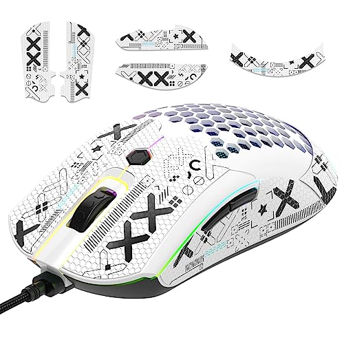 [Upgrade-Kit] Leichte Gaming-Maus mit Maus-Griffband, PIXART PAW3325 12000DPI High Performance Super Light 65G USB RGB-Gaming-Gaming-Mäuse, Anti-Schlupf-Grip-Klebeband für schweißwiderstand-Weiss Bild 1
