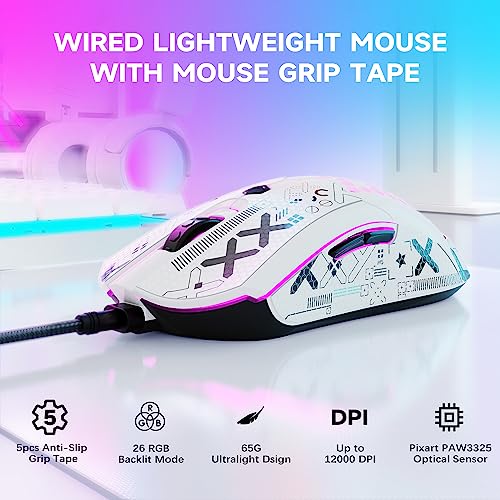 [Upgrade-Kit] Leichte Gaming-Maus mit Maus-Griffband, PIXART PAW3325 12000DPI High Performance Super Light 65G USB RGB-Gaming-Gaming-Mäuse, Anti-Schlupf-Grip-Klebeband für schweißwiderstand-Weiss Bild 2