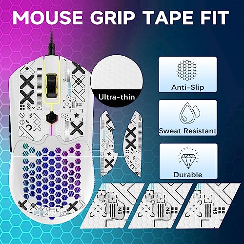 [Upgrade-Kit] Leichte Gaming-Maus mit Maus-Griffband, PIXART PAW3325 12000DPI High Performance Super Light 65G USB RGB-Gaming-Gaming-Mäuse, Anti-Schlupf-Grip-Klebeband für schweißwiderstand-Weiss Bild 3