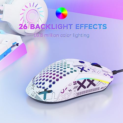 [Upgrade-Kit] Leichte Gaming-Maus mit Maus-Griffband, PIXART PAW3325 12000DPI High Performance Super Light 65G USB RGB-Gaming-Gaming-Mäuse, Anti-Schlupf-Grip-Klebeband für schweißwiderstand-Weiss Bild 5