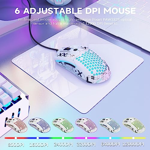 [Upgrade-Kit] Leichte Gaming-Maus mit Maus-Griffband, PIXART PAW3325 12000DPI High Performance Super Light 65G USB RGB-Gaming-Gaming-Mäuse, Anti-Schlupf-Grip-Klebeband für schweißwiderstand-Weiss Bild 6