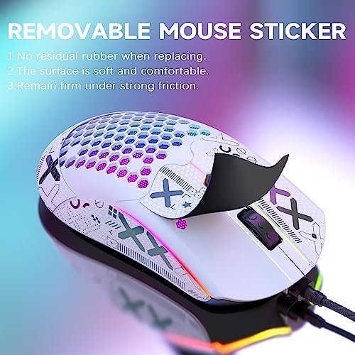 [Upgrade-Kit] Leichte Gaming-Maus mit Maus-Griffband, PIXART PAW3325 12000DPI High Performance Super Light 65G USB RGB-Gaming-Gaming-Mäuse, Anti-Schlupf-Grip-Klebeband für schweißwiderstand-Weiss Bild 7