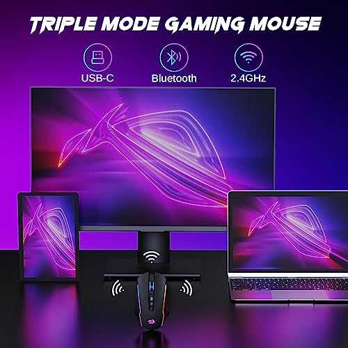 Redragon Gaming Maus Kabellose,RGB 2.4G/USB-C/Bluetooth Maus,Wiederaufladbare mit 9 Programmierbare Tasten-12000 DPI,Ergonomische Wireless Gaming Mouse für PC/Mac Gamer Bild 2