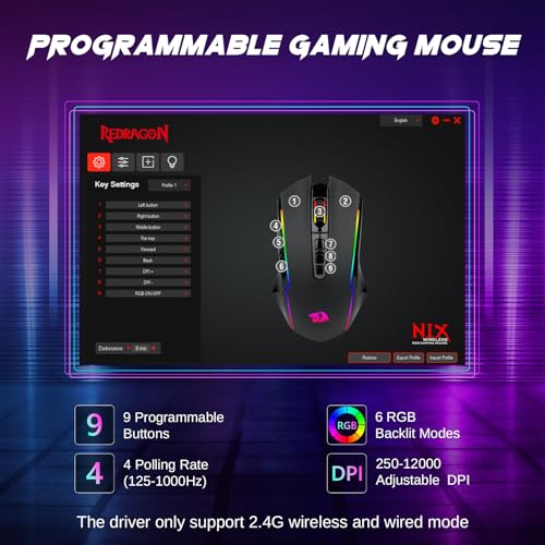 Redragon Gaming Maus Kabellose,RGB 2.4G/USB-C/Bluetooth Maus,Wiederaufladbare mit 9 Programmierbare Tasten-12000 DPI,Ergonomische Wireless Gaming Mouse für PC/Mac Gamer Bild 4