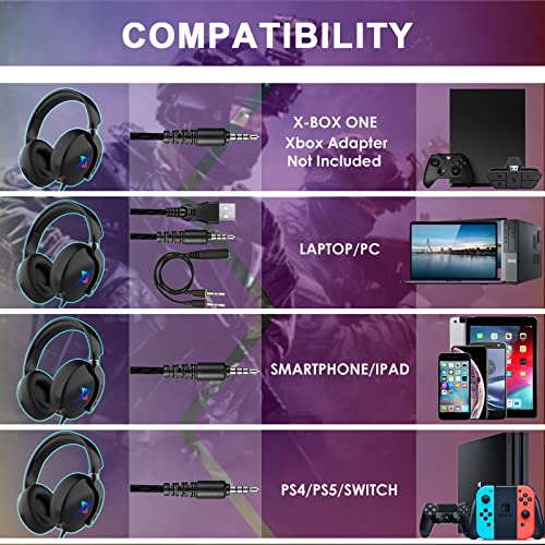 Gaming Headset für PS4 PS5 PC with 3D Surround Sound Headset mit Mikrofon Kopfhörer Noise Cancelling RGB Lichter for Gamer, 21*20*6cm, Schwarz Bild 2