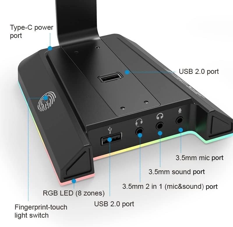 Headset-Halter Surround-Gaming-Kopfhörerständer RGB mit 2 USB- und 3 3,5-mm-Kopfhörerhalter für Gamer-PC Bild 4
