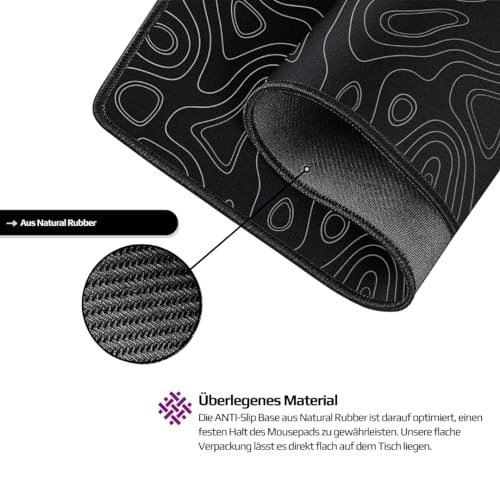 Nyfter - XXL Gaming Mauspad Black im Topography Design 900 x 500mm Premium Mousepad Size Groß vernähte Kanten langlebig mit high-end Glide und Anti-Rutsch Speed Gaming Mauspad Bild 2
