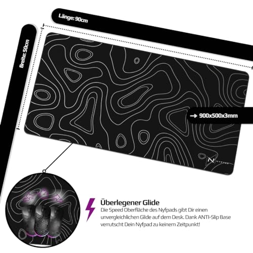 Nyfter - XXL Gaming Mauspad Black im Topography Design 900 x 500mm Premium Mousepad Size Groß vernähte Kanten langlebig mit high-end Glide und Anti-Rutsch Speed Gaming Mauspad Bild 3