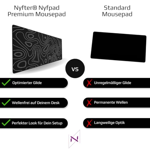 Nyfter - XXL Gaming Mauspad Black im Topography Design 900 x 500mm Premium Mousepad Size Groß vernähte Kanten langlebig mit high-end Glide und Anti-Rutsch Speed Gaming Mauspad Bild 4