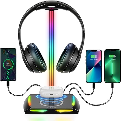 New Bee RGB Kopfhörer Ständer mit Wireless Ladegerät,Gaming-Headset-ständer Headset Halterung Wireless Charge Kopfhörer Halter mit 1*USB 2*Typ-C 11 Lighting Effects Modes Schwarz (Z12) Bild 1