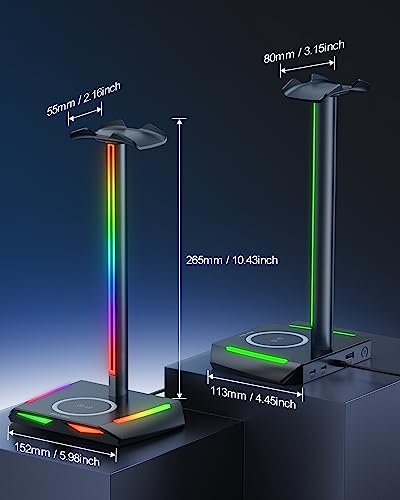 New Bee RGB Kopfhörer Ständer mit Wireless Ladegerät,Gaming-Headset-ständer Headset Halterung Wireless Charge Kopfhörer Halter mit 1*USB 2*Typ-C 11 Lighting Effects Modes Schwarz (Z12) Bild 3