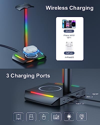 New Bee RGB Kopfhörer Ständer mit Wireless Ladegerät,Gaming-Headset-ständer Headset Halterung Wireless Charge Kopfhörer Halter mit 1*USB 2*Typ-C 11 Lighting Effects Modes Schwarz (Z12) Bild 4