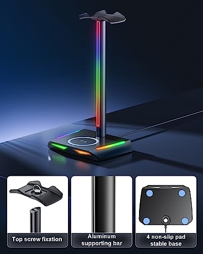 New Bee RGB Kopfhörer Ständer mit Wireless Ladegerät,Gaming-Headset-ständer Headset Halterung Wireless Charge Kopfhörer Halter mit 1*USB 2*Typ-C 11 Lighting Effects Modes Schwarz (Z12) Bild 5