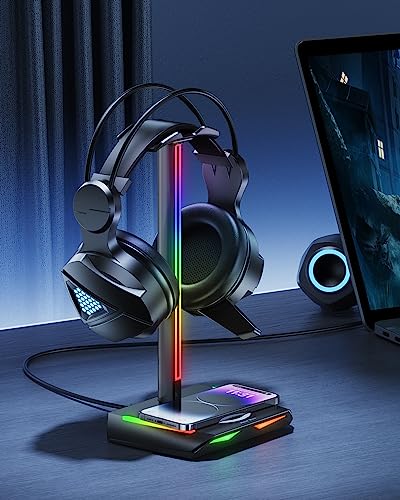New Bee RGB Kopfhörer Ständer mit Wireless Ladegerät,Gaming-Headset-ständer Headset Halterung Wireless Charge Kopfhörer Halter mit 1*USB 2*Typ-C 11 Lighting Effects Modes Schwarz (Z12) Bild 6
