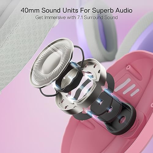 Redragon H848 BT Wireless Gaming Headset - Leichtgewicht - 7.1 Surround Sound - 40MM Treiber - Abnehmbares Mikrofon - Multi-Plattformen für PC, PS5/4/3, Switch, Handy, Pink Bild 4