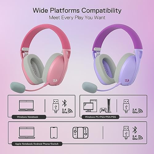 Redragon H848 BT Wireless Gaming Headset - Leichtgewicht - 7.1 Surround Sound - 40MM Treiber - Abnehmbares Mikrofon - Multi-Plattformen für PC, PS5/4/3, Switch, Handy, Pink Bild 6