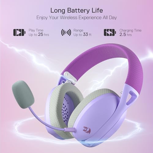 Redragon H848 Bluetooth Wireless Gaming Headset - Leichtgewicht - 7.1 Surround Sound - 40MM Treiber - Abnehmbares Mikrofon - Mehrere Plattformen für PC, PS5/4/3, Switch, Handy, Lila Bild 5