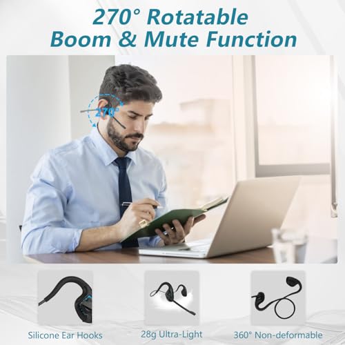 BANIGIPA Bluetooth-Headset mit Boom-Mikrofon, Open-Ear-Kopfhörer mit Geräuschunterdrückung Mikrofon, drahtloses Headset für Anrufe, leicht und bequem für Office Meeting Home Working-10 Stunden Bild 4