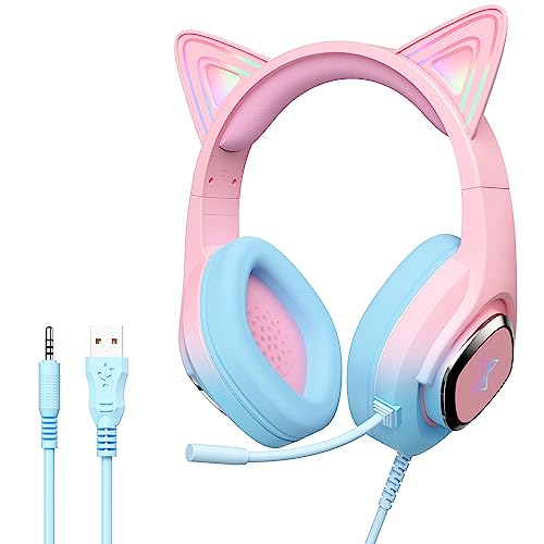 Mytrix RGB Effet de lumière Casque Gaming Headset kompatibel mit PS4, PS5, Xbox, PC, MAC, Switch, Pink Blue Wired Gaming-Kopfhörer mit 360°-Rotationsmikrofon, Surround-Sound, weichen Ohrpolstern Bild 1