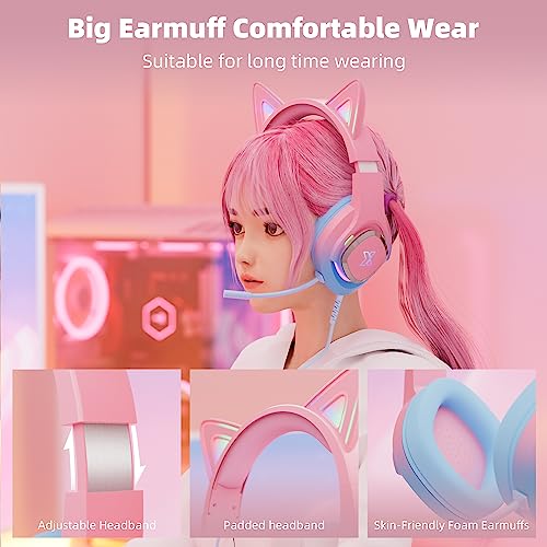 Mytrix RGB Effet de lumière Casque Gaming Headset kompatibel mit PS4, PS5, Xbox, PC, MAC, Switch, Pink Blue Wired Gaming-Kopfhörer mit 360°-Rotationsmikrofon, Surround-Sound, weichen Ohrpolstern Bild 3