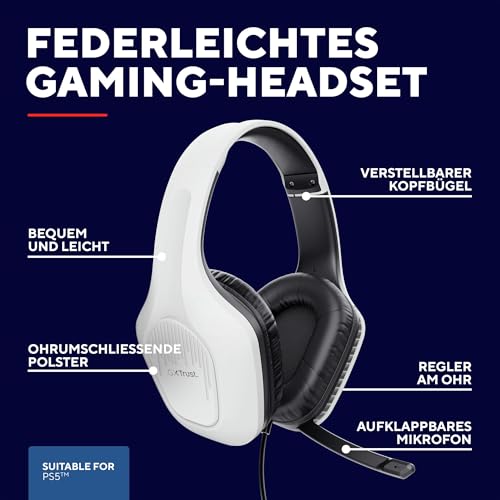Trust Gaming GXT 415PS Zirox Leichtes Gaming Headset für PlayStation 5 mit 50-mm-Treiber, 1,2 m Kabel, 3,5-mm-Audioanschluss, Hochklappbares Mikrofon, Over-Ear PS5 Kopfhörer mit Kabel - Weiß Bild 2