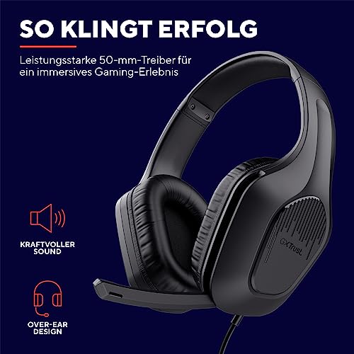 Trust Gaming GXT 415 Zirox Leichtes Gaming Headset mit 50-mm-Treiber für PC, Xbox, PS4, PS5, Switch, Mobile, 2-m-Kabel, 3,5-mm-Audioanschluss, Over-Ear Kopfhörer mit Kabel - Schwarz Bild 3