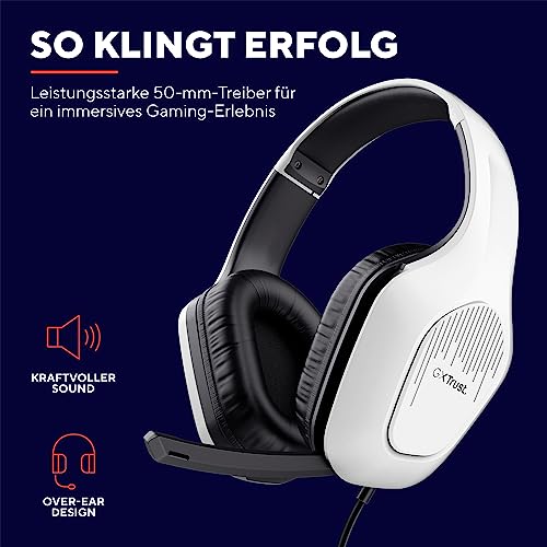Trust Gaming GXT 415W Zirox Leichtes Gaming Headset mit 50-mm-Treiber für PC, Xbox, PS4, PS5, Switch, Mobile, 2-m-Kabel, 3,5-mm-Audioanschluss, Over-Ear Kopfhörer mit Kabel - Weiß Bild 3