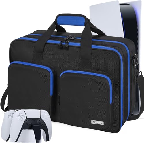 IPEB Tasche für PS5 / PS5 Pro / PS4, volle Schutz Konsolentasche mit unterteilbaren Fächern, geeignet für PS5 Controller, Gaming-Headset und weiteres Zubehör(Schwarz Blau) Bild 1