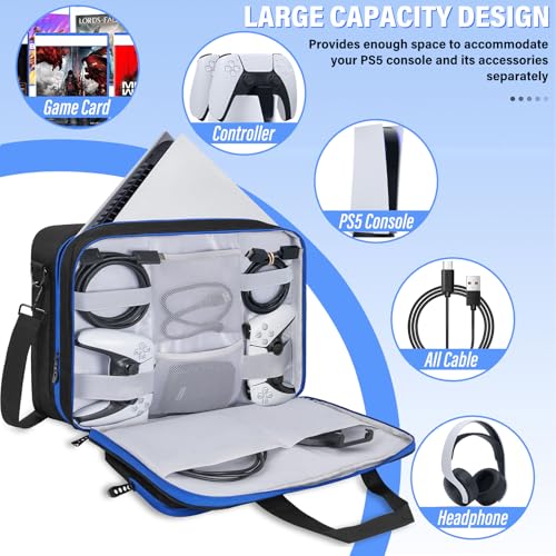 IPEB Tasche für PS5 / PS5 Pro / PS4, volle Schutz Konsolentasche mit unterteilbaren Fächern, geeignet für PS5 Controller, Gaming-Headset und weiteres Zubehör(Schwarz Blau) Bild 3