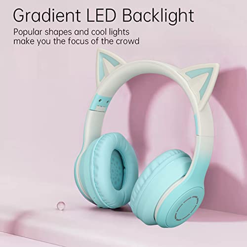Gaming Kopfhörer mit Mikrofon, Bluetooth Katzenohr Kopfhörer, Kabelloser Kopfhörer mit 3,5mm Aux Kabel, 7 Farben LED Lichter und 4 LED Lichtmodi(Grün) Bild 2