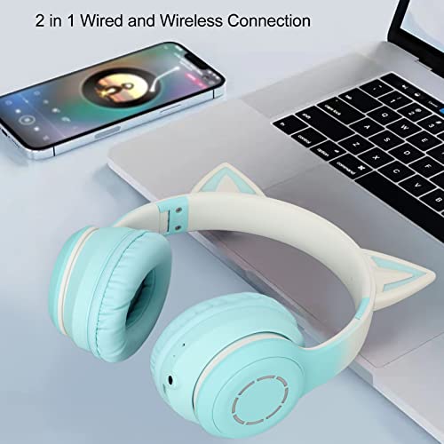 Gaming Kopfhörer mit Mikrofon, Bluetooth Katzenohr Kopfhörer, Kabelloser Kopfhörer mit 3,5mm Aux Kabel, 7 Farben LED Lichter und 4 LED Lichtmodi(Grün) Bild 5