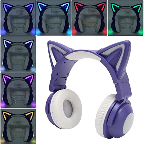 Bluetooth-Headset mit Katzenohren, Stereo, Niedliches Kinder-Headset mit LED, Integriertem Mikrofon, Kabelloser Kopfhörer, Faltbares Gaming-Headset für Kinder, Jungen und Mädchen (Lila) Bild 6