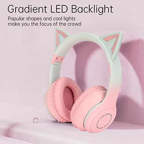 Gaming Kopfhörer mit Mikrofon, Bluetooth Katzenohr Kopfhörer, Kabelloser Kopfhörer mit 3,5mm Aux Kabel, 7 Farben LED Lichter und 4 LED Lichtmodi (Rosa) Bild 2