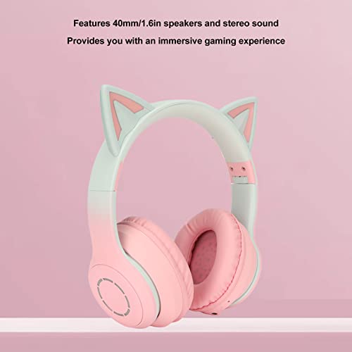 Gaming Kopfhörer mit Mikrofon, Bluetooth Katzenohr Kopfhörer, Kabelloser Kopfhörer mit 3,5mm Aux Kabel, 7 Farben LED Lichter und 4 LED Lichtmodi (Rosa) Bild 3