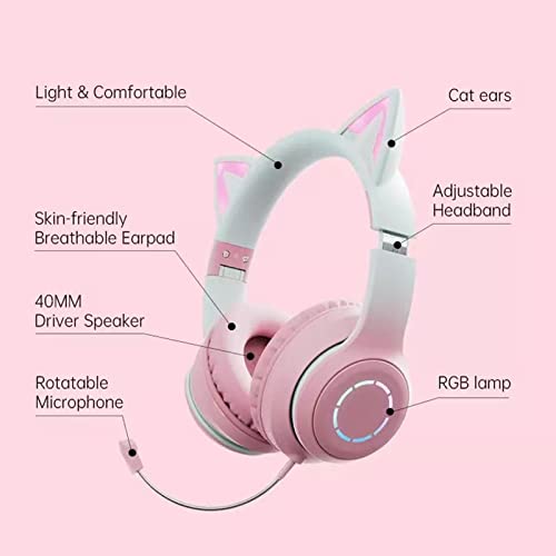 Gaming Kopfhörer mit Mikrofon, Bluetooth Katzenohr Kopfhörer, Kabelloser Kopfhörer mit 3,5mm Aux Kabel, 7 Farben LED Lichter und 4 LED Lichtmodi (Rosa) Bild 5