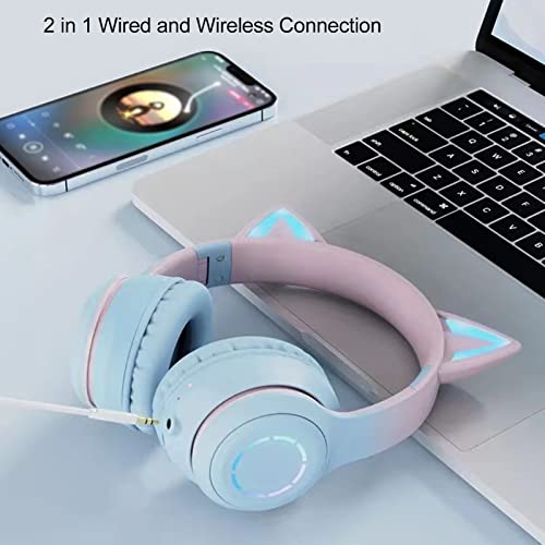 Annadue Gaming Kopfhörer mit Mikrofon, Bluetooth Katzenohr Kopfhörer Kabelloser Kopfhörer mit 3,5mm Aux Kabel, 7 Farben LED Lichter und 4 LED Lichtmodi (Blau) Bild 6