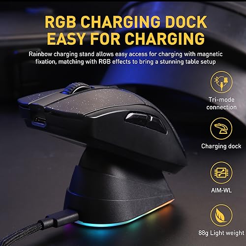 DAREU A950 Gaming Mouse mit RGB Magnetic Ladestation, 88 g Leichte, Programmierbare Tri-Mode Gamer Maus Kabellos, bis zu 12K DPI, 1000Hz, 120 Stunden Spielzeit mit RGB Beleuchtung für PC, Mac Bild 2