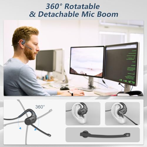 BANIGIPA Bluetooth Headset mit abnehmbarem Mikrofon, Noise Cancelling Wireless Headset für Telefone Laptop Computer PC, Open Ear Kopfhörer für Office Meeting Laufen Radfahren Fahren Arbeiten-12 Stunde Bild 4