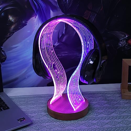 YuanDian Kopfhörerständer, Holz-Headset-Halter mit blau-rosa LED-Nachtlicht für Gamer, Männer und Musikliebhaber – perfekte Geschenkidee für den Schreibtisch Bild 1