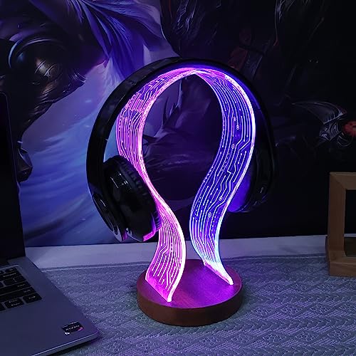 YuanDian Kopfhörerständer, Holz-Headset-Halter mit blau-rosa LED-Nachtlicht für Gamer, Männer und Musikliebhaber – perfekte Geschenkidee für den Schreibtisch Bild 3