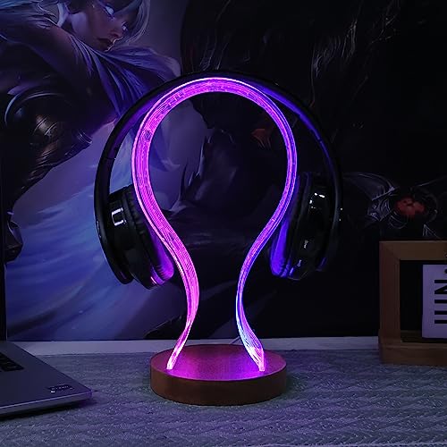 YuanDian Kopfhörerständer, Holz-Headset-Halter mit blau-rosa LED-Nachtlicht für Gamer, Männer und Musikliebhaber – perfekte Geschenkidee für den Schreibtisch Bild 4