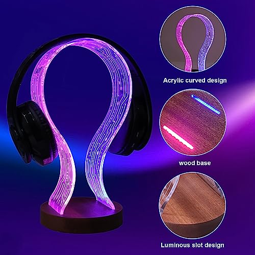 YuanDian Kopfhörerständer, Holz-Headset-Halter mit blau-rosa LED-Nachtlicht für Gamer, Männer und Musikliebhaber – perfekte Geschenkidee für den Schreibtisch Bild 5