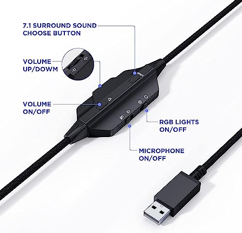 Gaming Headset, Headset mit Mikrofon 3D Surround Sound Headphones Noise Cancelling RGB Lights, 7.1-Surround-Sound-Gaming-Headset mit Mikrofon, Schwarz, groß Bild 5
