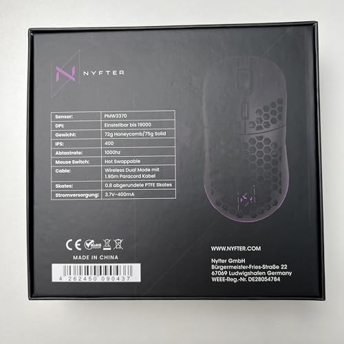 Nyfter - NYF22 Wireless Gaming Mouse Ultraleicht 75g leistungsstark mit 400mA 19K DPI, 400 IPS 1000 hz 50h Akkulaufzeit langlebig Zwei wechselbare Cases inkl. (Black) Bild 3