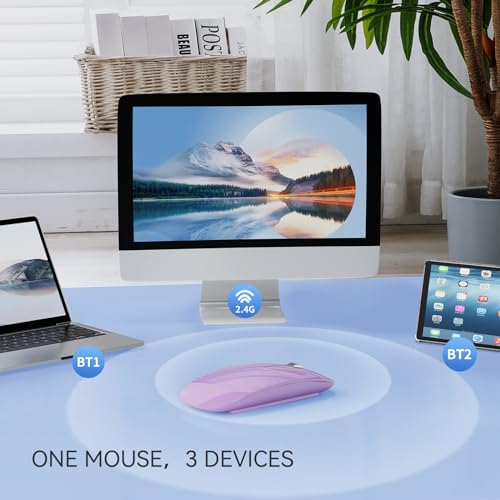 Uiosmuph Bluetooth Maus, Kabellose Maus mit USB-Nano-Empfänger, Tri-Mode (Dual Bluetooth 5.1 + 2.4GHz) Leise Funkmaus Wiederaufladbare für Laptop, PC, iPad, Mac Purple Bild 4
